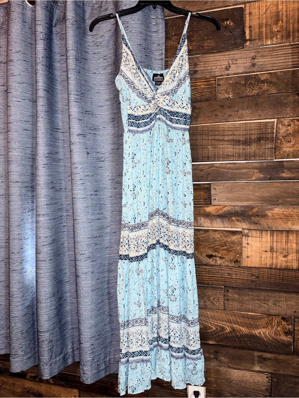 Blue floral print maxi dress with spaghetti straps